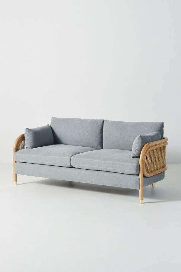 Sofa băng dài gỗ kết hợp mây đan, bọc nệm êm ái